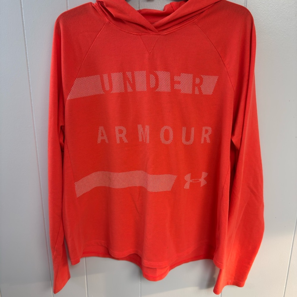 Under Armour Women's Pindot Hoodie-Graphic in a vibrant orange or coral color. - Picture 2 of 5
